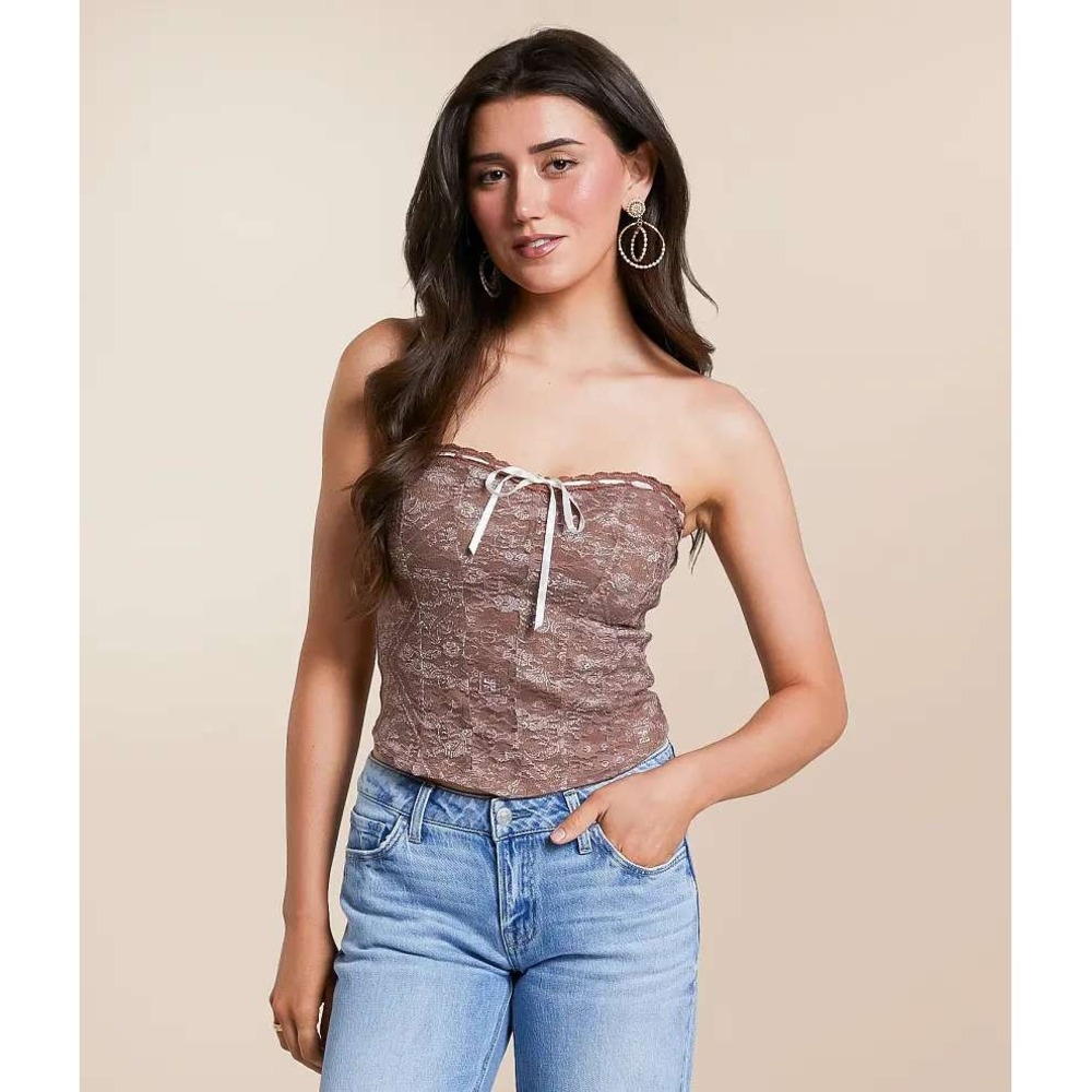 Coquette Lace Corset Top Brown Ribbon Detail Feminine‎ Style L